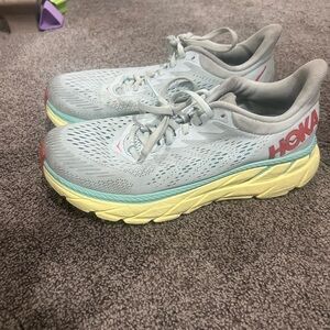 Hoka Light Gray and Mint Running Shoes